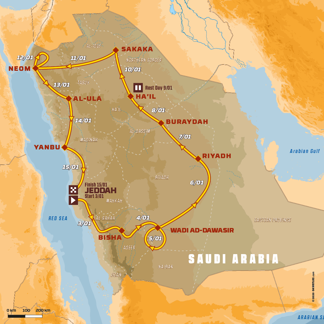 🗺 Dakar 2021 🇸🇦
📍Jeddah - Jeddah 🏁
📏 7600km 🏜
100% 🆕 4700 km SS 
#Dakar2021 #DakarInSaudi