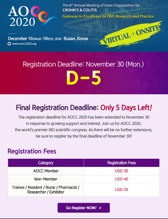 2020Aocc's tweet photo. Final Registration Deadline: Only 5 Days Left!
The registration deadline for AOCC 2020 has been extended to November 30. Join us for AOCC 2020, the world's premier IBD scientific congress. As there will be no further extensions, be sure to register by November 30! https://t.co/P38R0viksb