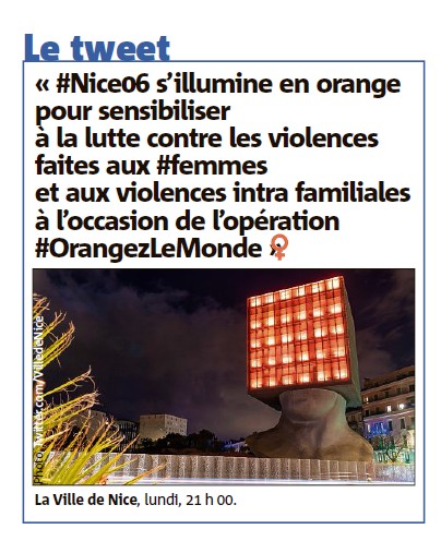 BMVRdeNice's tweet photo. La Tête Carré illuminée en orange dans le cadre de  la campagne des Nations Unies #OrangezLeMonde  qui se déroule du 25 novembre au 10 décembre . Seize Jours d’activisme contre la violence faite aux femmes.

 ci-dessous Nice Matin du 25 novembre 2020. https://t.co/xccW8Z6E0i