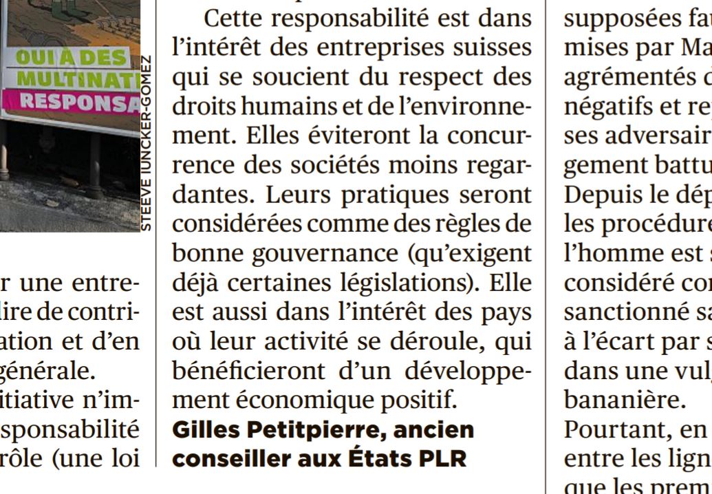 ComiteBourgeois's tweet photo. Pour Gilles Petitpierre, ancien conseiller aux États PLR: "Cette responsabilité est dans l’intérêt des entreprises suisses. Elles éviteront la concurrence des sociétés moins regardantes." Oui aux #MultinationalesResponsables ce dimanche! #CHvote @tdgch 
https://t.co/lP93SJnyCL https://t.co/SaaR6DApaR