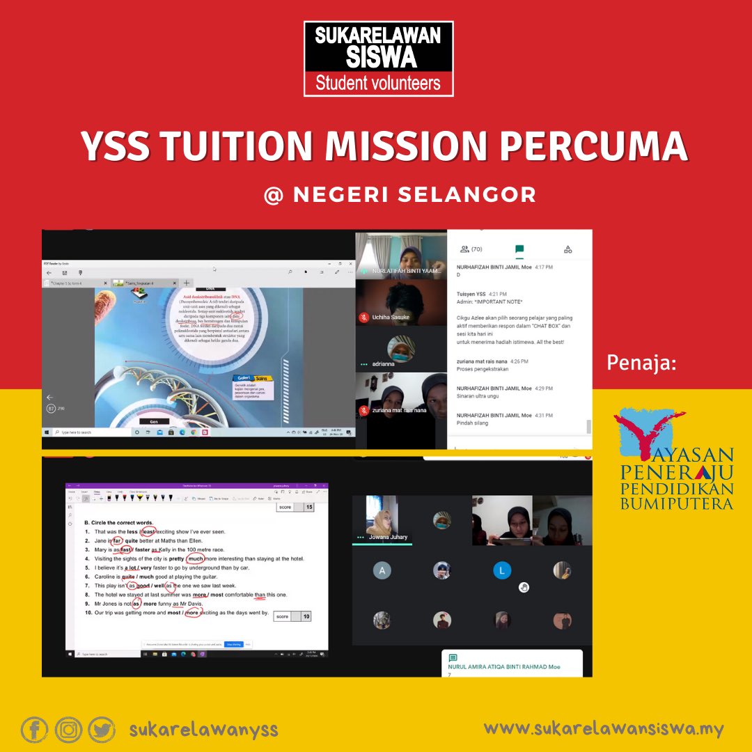 SukarelawanYSS's tweet photo. #YSSUPDATE, YSS TUITION MISSION @ SELANGOR
24 NOVEMBER 2020
Para pelajar tingkatan 4 dan 5 daripada kelas Tuition Mission negeri Selangor dan Terengganu telah menyertai kelas hari ini. Subjek Bahasa Inggeris dan Sains telah diajar oleh guru jemputan pada kelas kali ini.
#YSS https://t.co/wncnS5136C