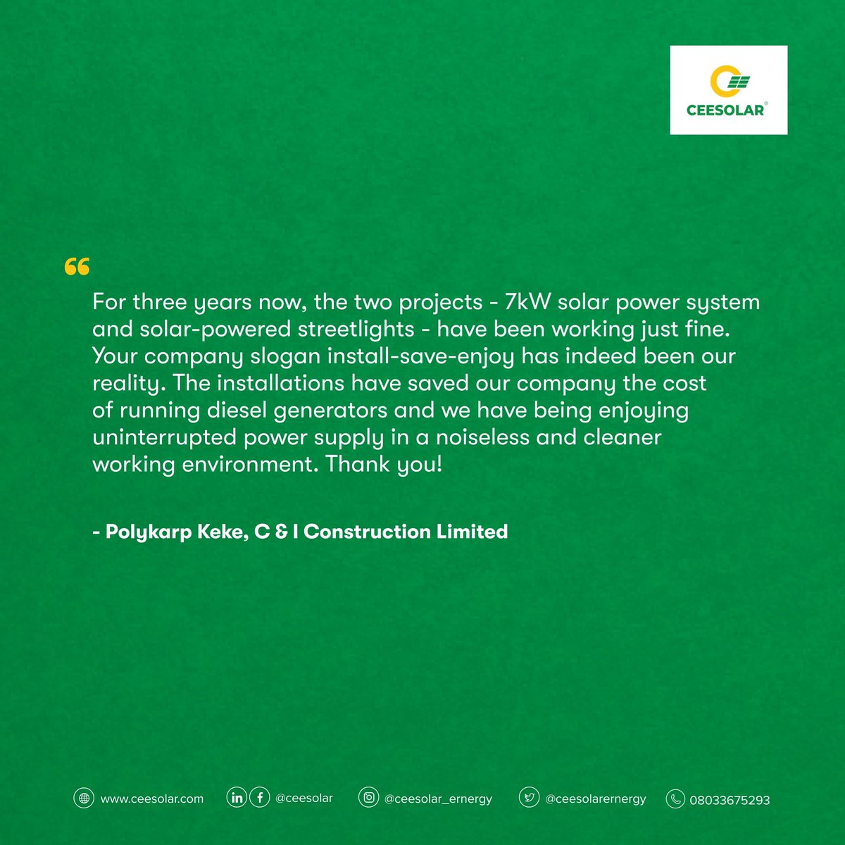 Go solar with Cessolar. Contact us on 0803 367 5293

#ceesolar #solar #SustainableEnergy #renewableenergy #energy #solarpanels #business #solarsystems #solarpv #cleanenergy #innovation #solarpower #nigeria #Abuja #gogreen #Lagos #electricity #RealEstate #home