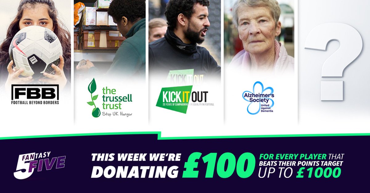 _GoatZone's tweet photo. @BenDinnery We have taken it one step further 💪

We will be donating £100 per #EPL player that beats their #Fantasy5 points target this weekend (up to £1000). 💰

All excellent Charities @TrussellTrust @FBeyondBorders @kickitout &amp; @AlzResearchUK, please suggest one more!

#FPL https://t.co/7SArswfMQw