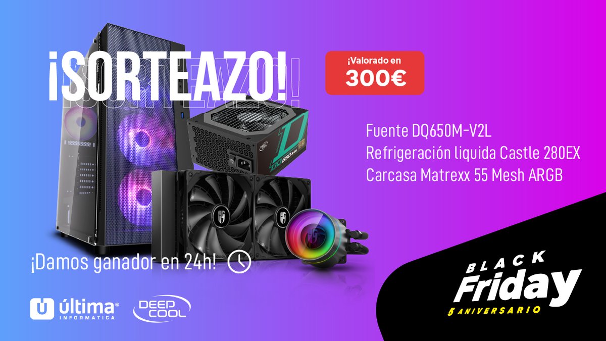 Ultima_Oficial's tweet photo. ⏰ ¡SORTEAZO 24h! ⏰

🖥️ ¡Una carcasa, una refrigeración líquida y una fuente de 650W Deepcool! 🌊

🔥 Sigue a @Ultima_Oficial y @Deepcool_Espana 
⚡️ Menciona a 3 amigos con #BFUltimaPC
🔃 RT a este Tweet

🏆 Ganador mañana a las 10:00h

👉 +info https://t.co/NBlmFrCCa0 https://t.co/FcLUPtxghY