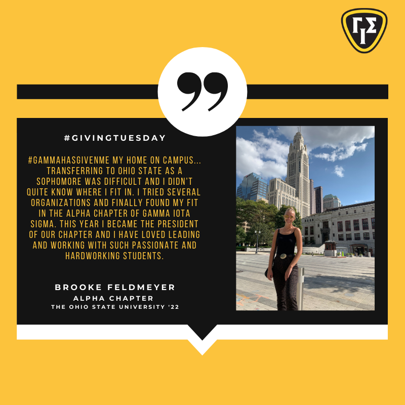 GammaIotaSigma's tweet photo. "#GammaHasGivenMe my home on campus at @OhioState." - Brooke Feldmeyer, President of @ohiostategis shares how Gamma has impacted her college experience. #GivingTuesday
#GivetoGamma to support students like Brooke: https://t.co/zmzFFOwZwI https://t.co/OThYOT67Ij