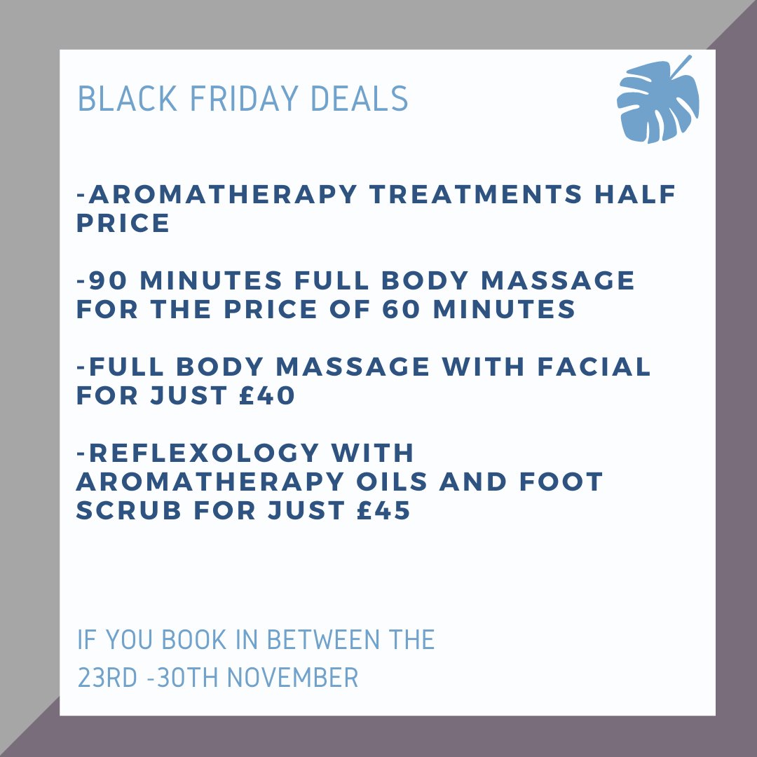 bdtherapies's tweet photo. #blackfriday Get in touch to book in for when I'm back in December or for the new year or as a Gift Voucher.  #sale #blackfridaysale #christmas #shoplocal  #giftideas #massage #aromatherapy #reflexology #facials #massageathome #wellness #mobilemassage #salonbased #massagetherapy https://t.co/aJYQLCVHm0