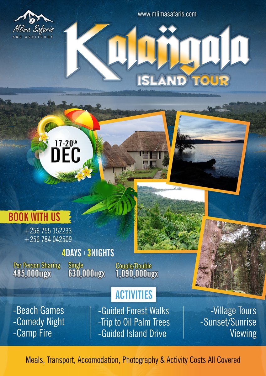 Kalangala is Uganda's Island paradise with unique experience. Get to know more about these experiences by joining us to the Kalangala Island tour from17th to 20th December 2020.
Fees: Single - 630,0000Ugx, Double/Couple1,090,000/=Ugx 
Sharing per person/Group - 485,000Ugx only