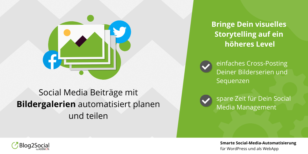 Blog2Social's tweet photo. NEU: Bringe mit Blog2Social Dein visuelles Storytelling auf ein höheres Level indem Du Bildergalerien automatisiert auf Facebook & Twitter teilst. Die nachfolgende Anleitung hilft Dir bei der Umsetzung.
#SocialMediaPlugin #Blog2Social #Bilderserien https://t.co/DjwQzPUrYt https://t.co/rklNUUQSVk
