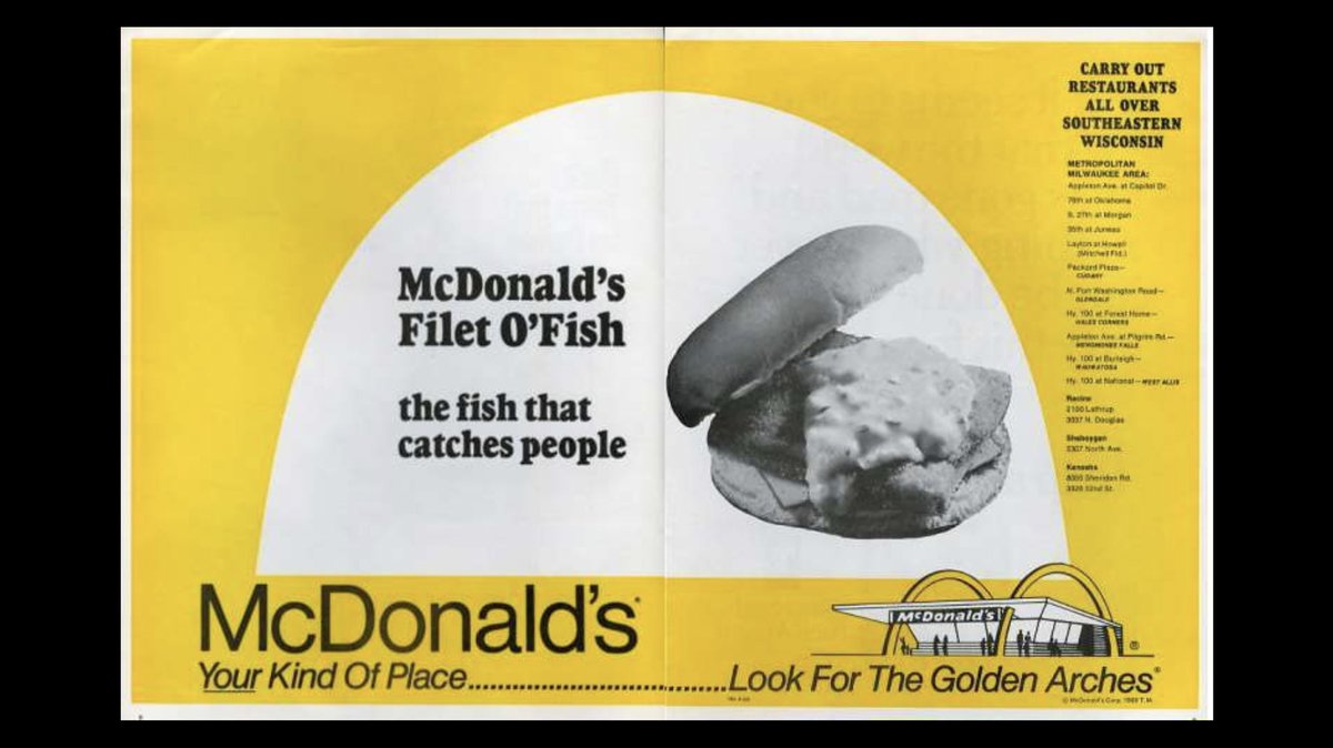 1962 / The Filet-O-Fish sandwich, billed as "the fish that catches people", was introduced in McDonald's restaurants as the company started to diversify it's menu.