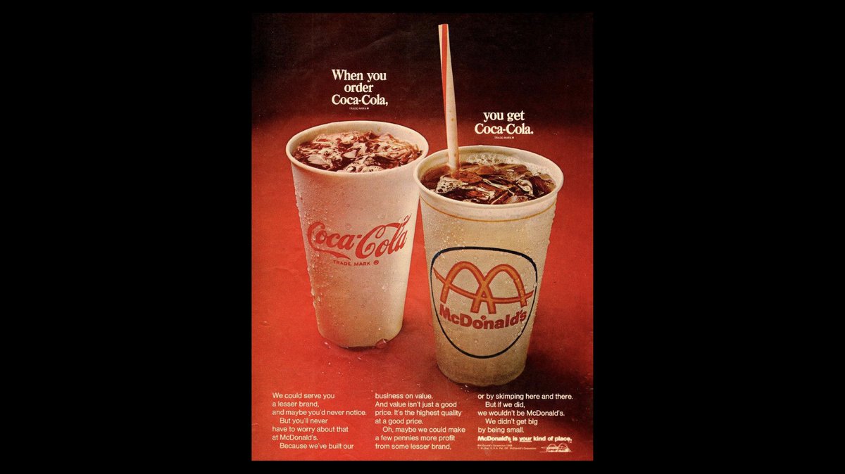 1965 / Still using the old McDonald’s logo, this ad boasts about the deal to serve Coca Cola in their restaurants. “We didn’t get big by being small” was an appropriate headline for the year the company went public.