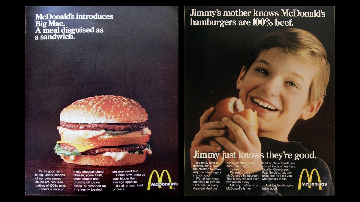 1968 & 1969 / The end of the 60s saw the introduction of the Big Mac, a huge commercial and brand milestone for McDonald’s. On the right, the ad promoted the quality food you would expect from McD’s back then.