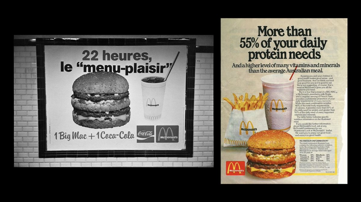 1980 / The global expansion is at the highest rate. On the left, an ad in a Paris Metro station. On the right, an Australian advert promotes the vitamins and minerals you could find in a McDonald’s meal.