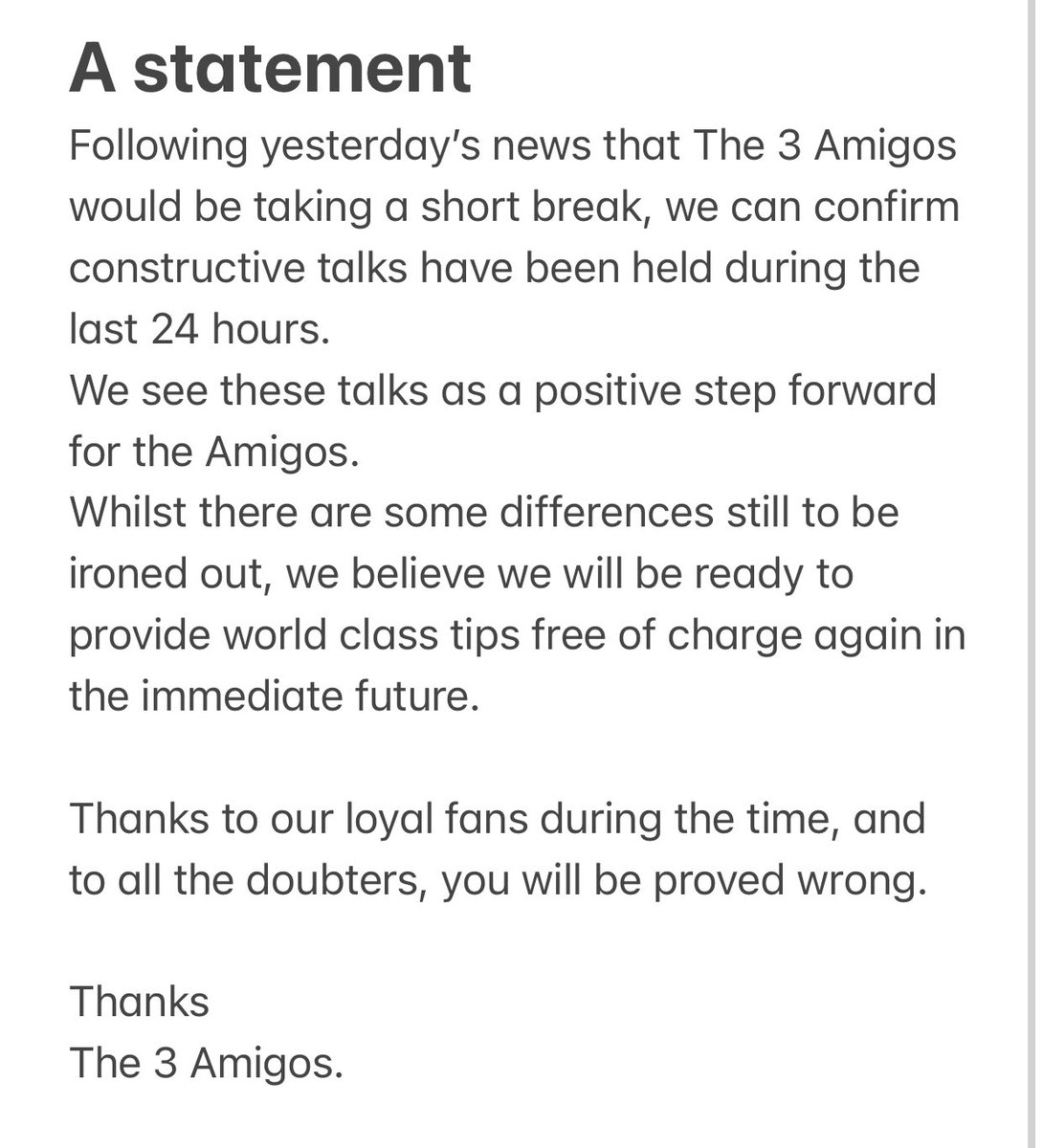 ThreeAmigoTips's tweet image. An update from yesterday’s statement.