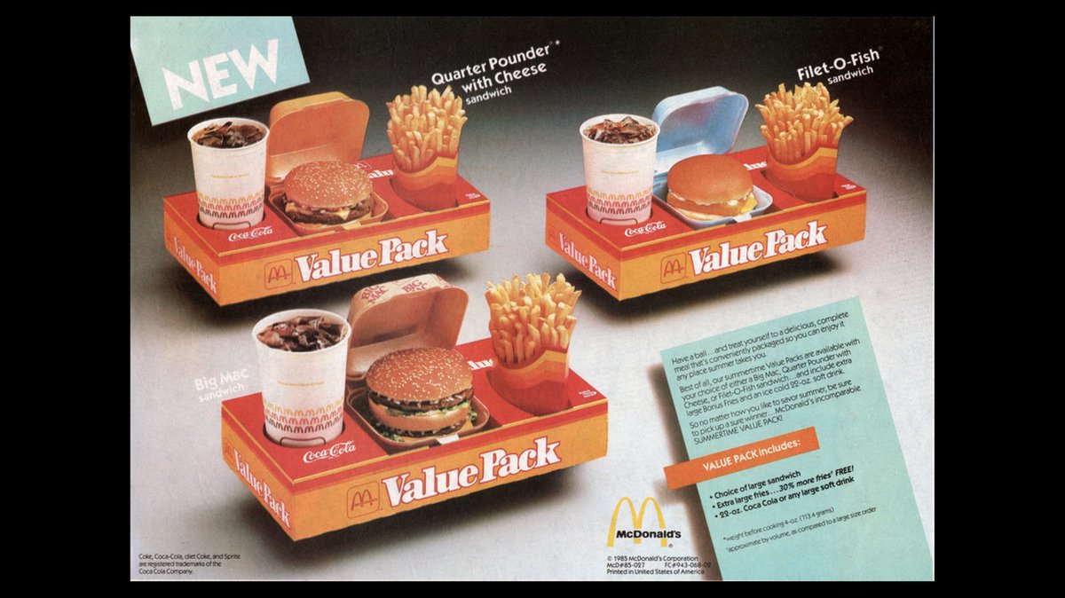 1984 / The Burger Wars also prompted McDonald's to create the Value Pack – a predecessor of the widely popular ‘Value Meal’. Additionally, the brand started to diversify their menu further with new products such as the McNugget.