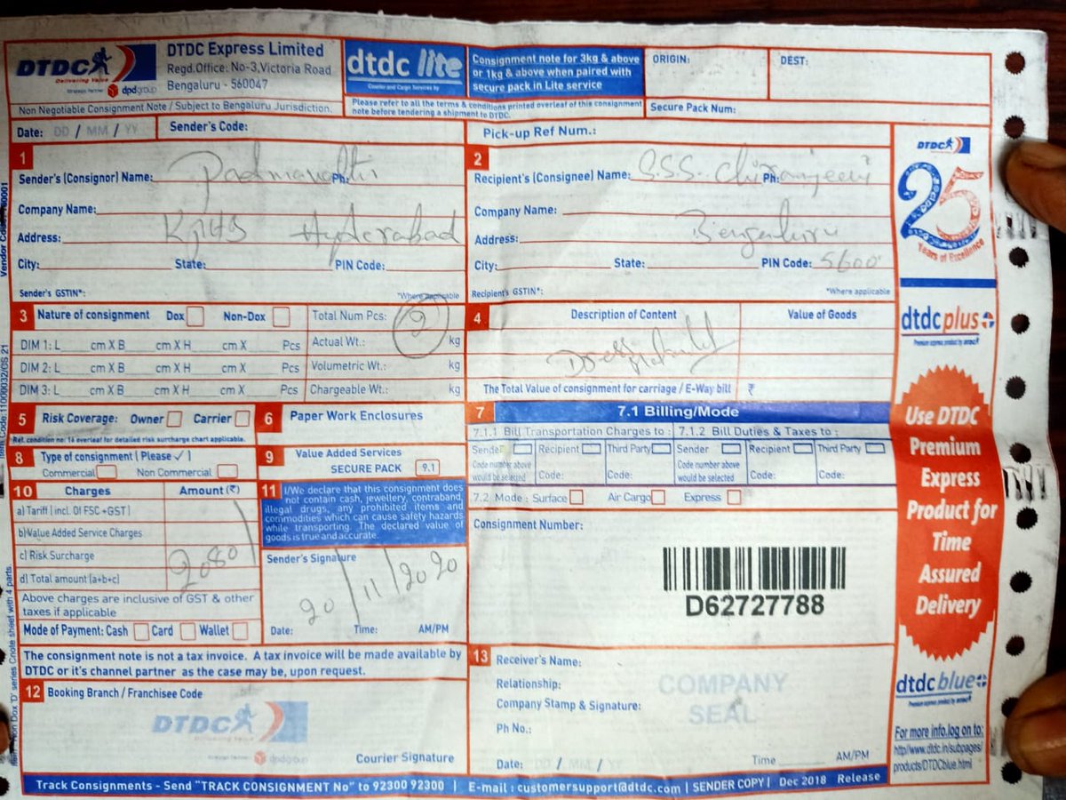  @DTDCIndia It's an extremely disappointing service which you are providing to your customers.I would like to bring to your notice the incidence which happened to us yesterday ( 24/11/2020).We were supposed to be receive a shipment from our relatives in Hyderabad with (cont..)