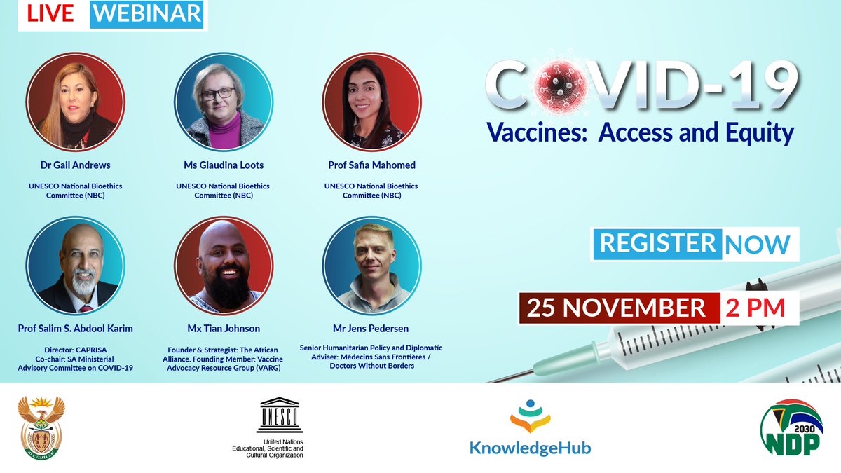Join us for the COVID-19 Vaccines: Access and Equity Webinar, is engagement led by @ProfAbdoolKarim along side Mx Tian Johnson and @JenswpW. Register here us02web.zoom.us/webinar/regist… #COVID19 #covid19SA #CovidVaccine #gender #KHwebinar @HealthZA @CAPRISAOfficial