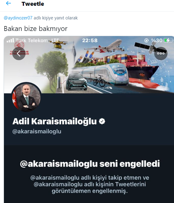 Sayın <a href="/akaraismailoglu/">Adil Karaismailoğlu</a> gençlerden mesajlar geliyor: "Ulaştırma ve Altyapı Bakanı biz mühendis, mimar ve şehir plancıların kadro talebini içeren yorumlarımızdan ötürü hepimizi engelledi."
Şimdi biz de "Arkadaşların kadro talepleri ne olacak?" diye sorsak bizi de engeller misiniz?