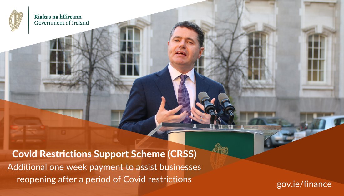 IRLDeptFinance's tweet image. Minister @Paschald has announced an enhancement to the Covid Restrictions Support Scheme (CRSS) whereby businesses can claim for an additional one week payment to assist them in reopening after a period of Covid restrictions.

Read more: gov.ie/en/press-relea…