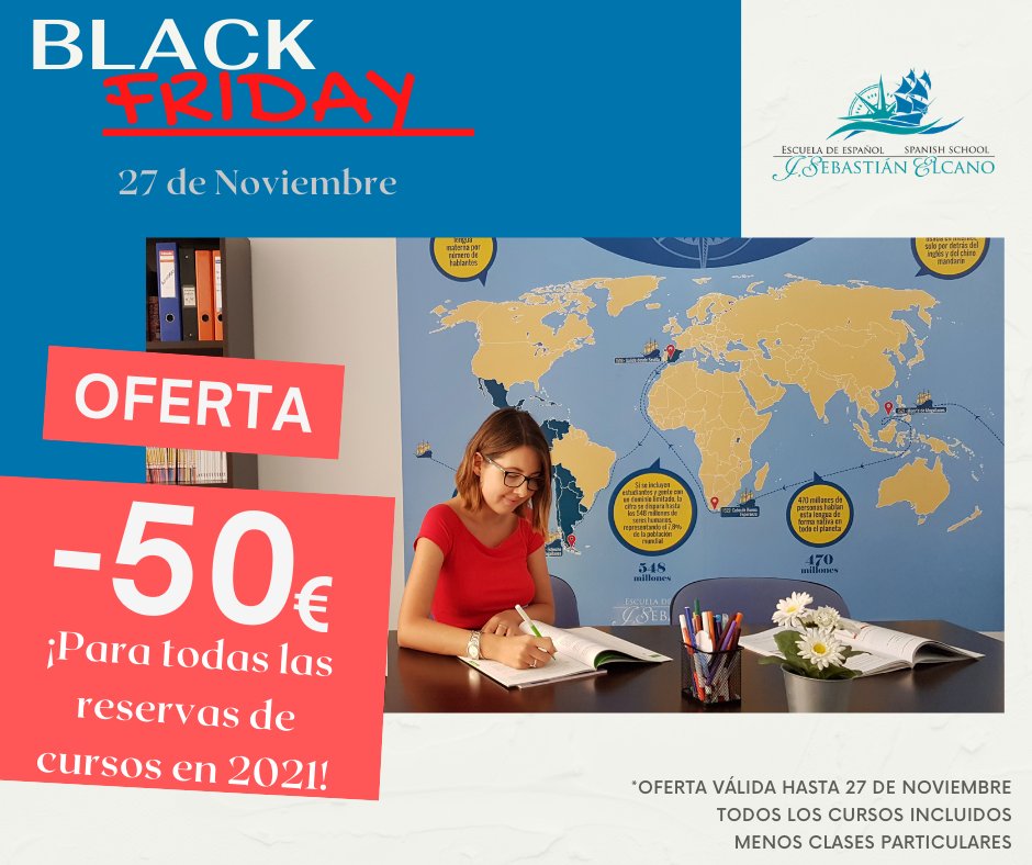 BLACK FRIDAY!
Book your course until the 27th of November and get a 'Black Friday' discount and learn Spanish for less!
BOOK WITH US!
📩info@escuela-elcano.com
📞+34 966443987 - 
+34695309007 (whatsapp)
📌 Alicante, España.