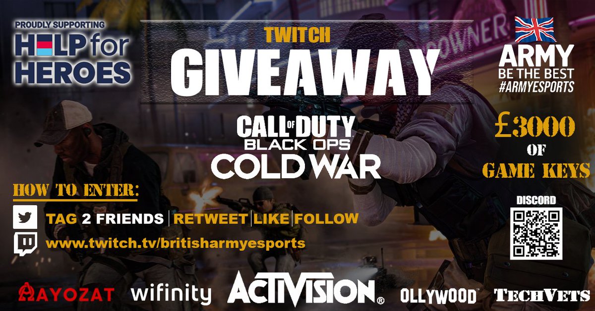 BritArmyesports's tweet photo. Wednesday 25th November at 1930 GMT.

 #Giveaway 
#CallOfDutyBlackOpsColdWar 

How to ENTER:
Follow
Retweet
Tag 2 Friends 

Follow and tune in to https://t.co/a1jYv6sDx2 

#LeagueOfLegends  #Competition #Activision #competition
#sweepstakes #win #prize #giveawaycontest https://t.co/jDRv6RGSli