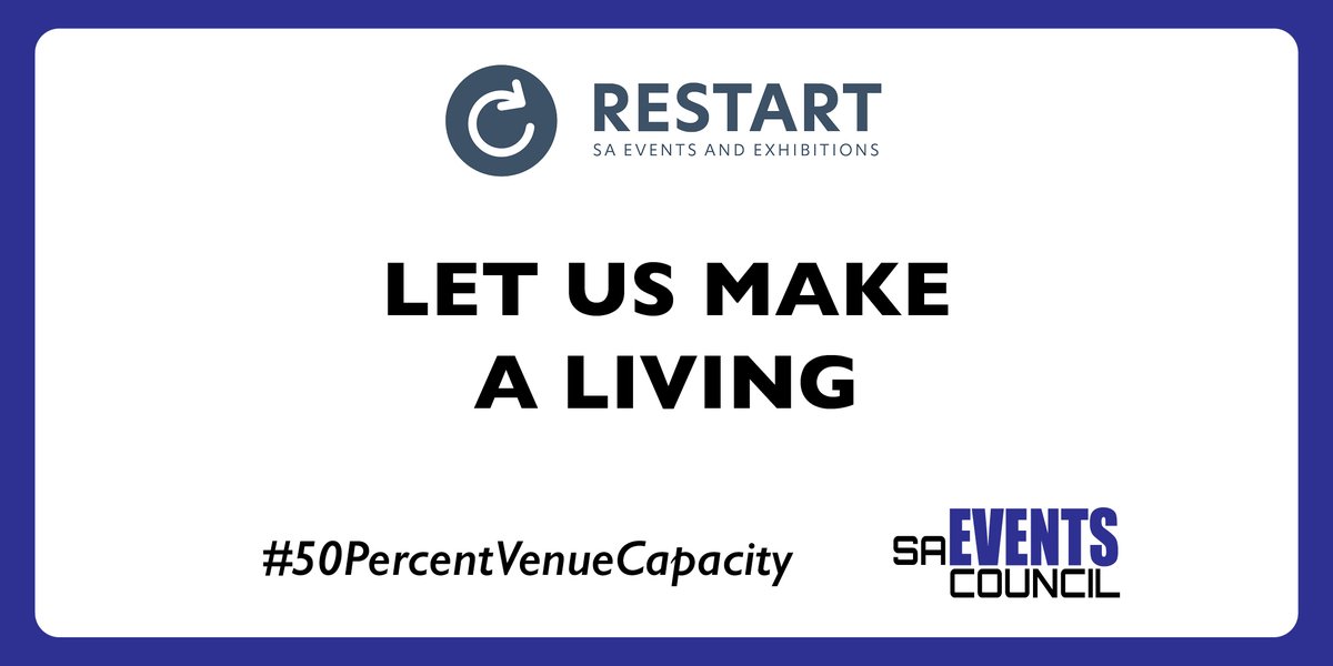 saeventscouncil's tweet photo. Our industry will not survive unless event capacity restrictions are relaxed. Opening to 50 percent of the venue capacity is a step in the right direction and we can make this work safely.
#50PercentVenueCapacity. #RestartExpo #DropTheCap @Saaciofficial @AAXO_SA @EXSA_SA https://t.co/tNbsEMBKAt