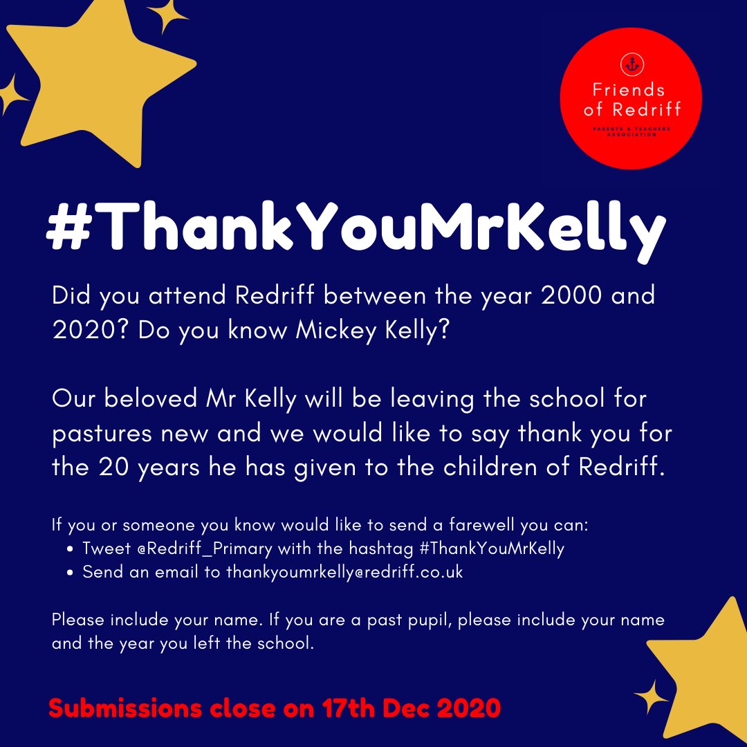 Rotherhithe Tours⚓️ (@rotherhithetour) on Twitter photo Did you attend or work at Redriff Primary between 2000-2020? My old headteacher, Mr Mickey Kelly is leaving the school after twenty glorious years 😢 and the PTA are seeking those that know Mickey to send in a few kind words of farewell. Tweet <a href="/Redriff_Primary/">Redriff Primary</a> or see below: Did you attend or work at Redriff Primary between 2000-2020? My old headteacher, Mr Mickey Kelly is leaving the school after twenty glorious years 😢 and the PTA are seeking those that know Mickey to send in a few kind words of farewell. Tweet <a href="/Redriff_Primary/">Redriff Primary</a> or see below: