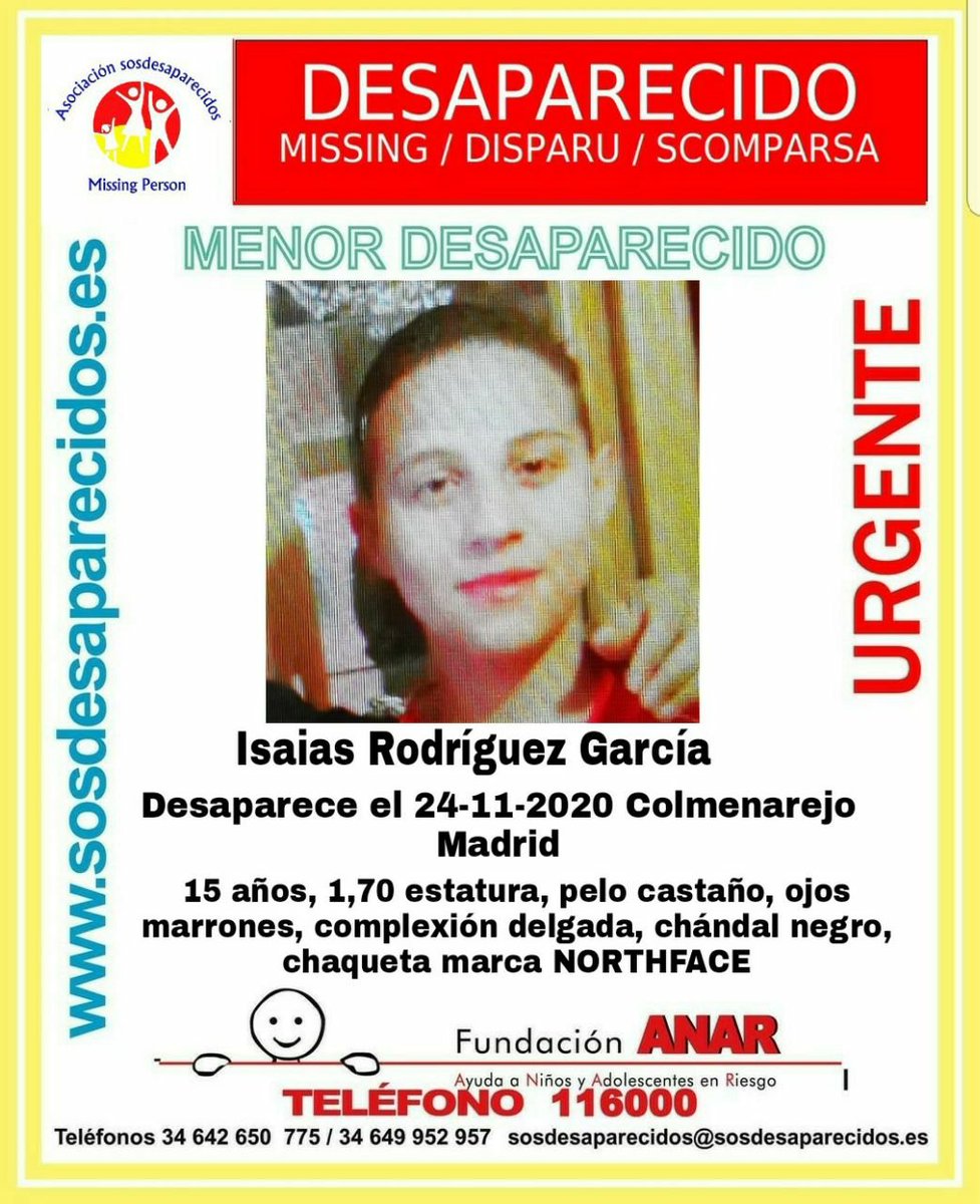 policia's tweet image. ⚠ URGENTE 🚩
Isaías tiene 15 años y ha desaparecido en #Colmenarejo (#Madrid)

Si lo has visto, por favor, llámanos 📞091, 062, 112

Tu RT no cuesta nada y puede ayudar a encontrarlo🙏