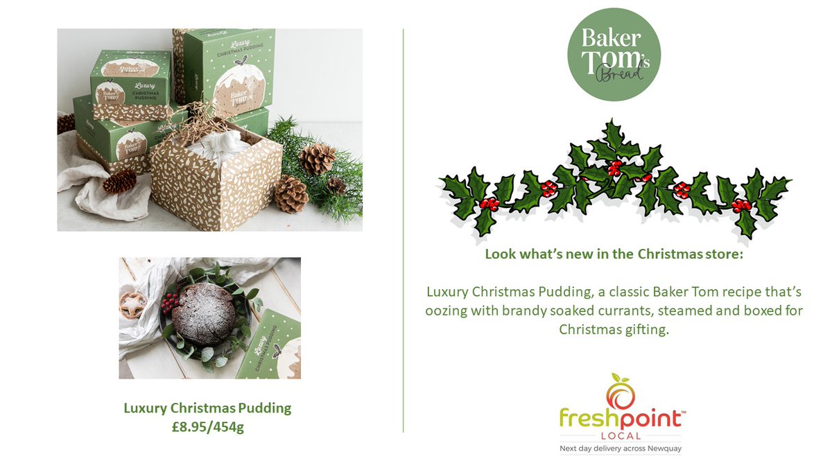 NewquayFresh's tweet photo. Did you miss "Stir-Up Sunday" for making your Christmas Pudding? Don't worry, find beautifully presented luxury Christmas Puddings from @BakerTomsBread in the @NewquayFresh online store for just £8.95:
https://t.co/NSdDc1QZ1n
#freshpointopentoeveryone #shoplocal #keepitcornish https://t.co/zB1yhcHMNh