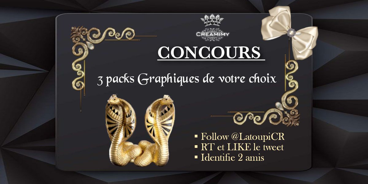 ⚜Jeux #Concours ⚜

🎁À gagner : 3 packs Graphiques ( comprenant 2 prestations de votre choix • logo, bannière, miniature YouTube, Pub, ect • )🎁

Pour participer :
⚜ Follow @LatoupiCR
⚜ RT et LIKE le Tweet
⚜ Identifie 2 amis

➡️instagram.com/p/CIAqjBaMpu5/…⬅️

Tirage 29/11/20🗓