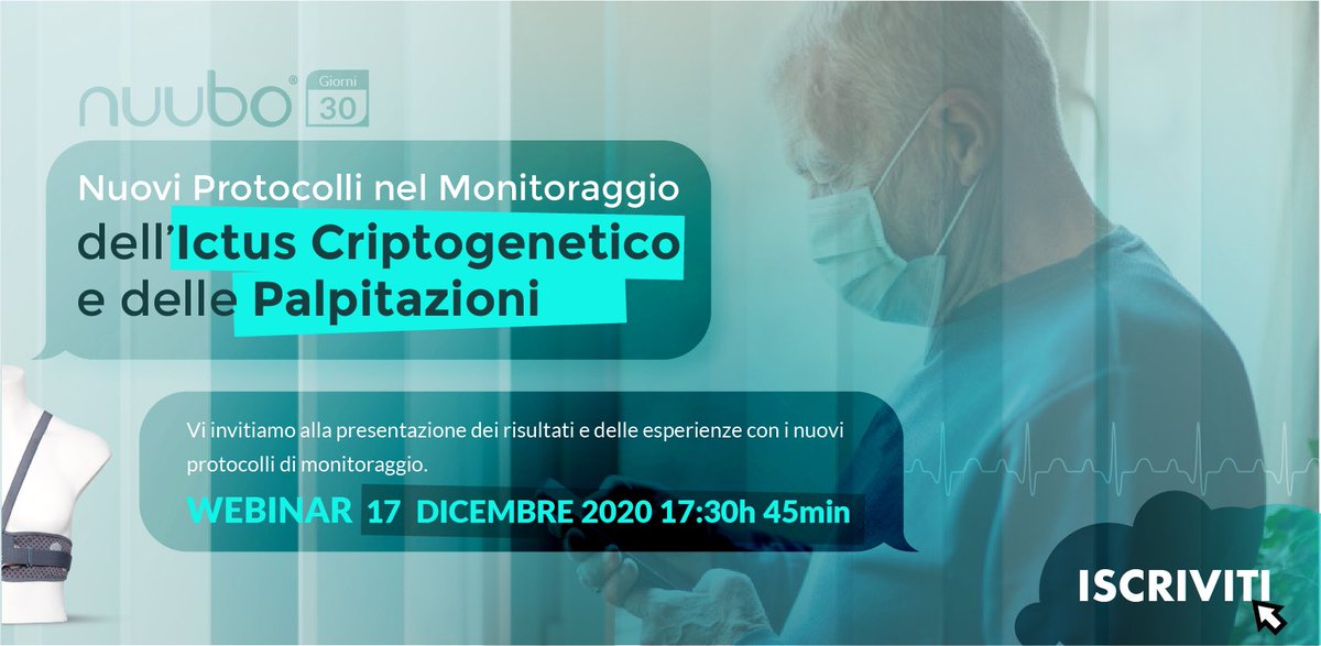 Dati ed esperienze in Italia di monitoraggio esterno #ECG #Nuubo in #palpitazioni, #ictus e #sincope. 

La Dott.ssa Locati, il Dott. Scalone e il Neurologo Dott. Pagola condivideranno le loro esperienze il 17 dicembre alle 17:30. 

ISCRIVITI E PARTECIPA
using.nuubo.com/it/webinar-ita/