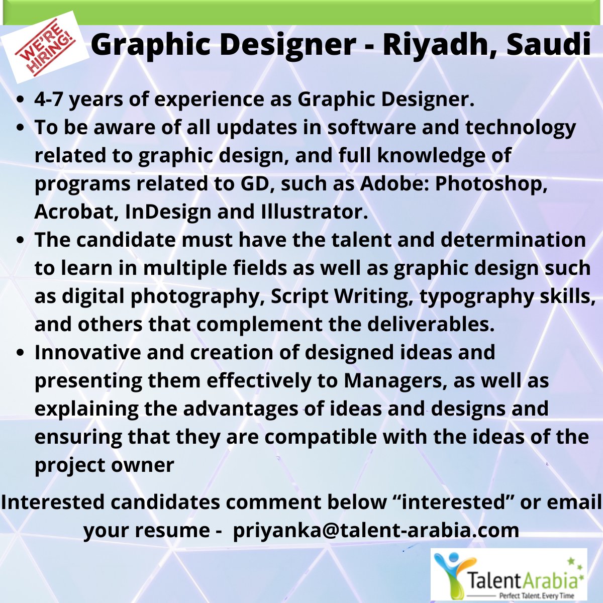 #immediatehiring for Graphic Designer with our client in Riyadh,Saudi
Please share resume https://t.co/sBgbQDdZB2
OR priyanka@talent-arabia.com
#talentarabia #perfecttalenteverytime #photoshop #illustrator #graphicdesigner https://t.co/6zIm0PYUvp