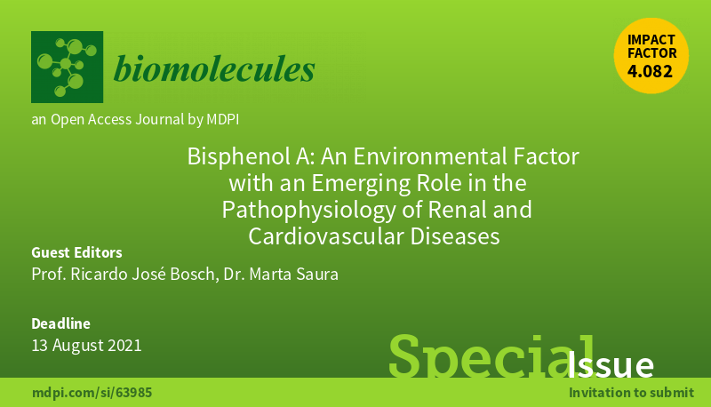 Biomol_MDPI's tweet photo. #NewSI
We are glad to present "#BisphenolA: An #EnvironmentalFactor with an Emerging Role in the #Pathophysiology of #Renal and #Cardiovascular #Diseases"
📢Submissions are open.
✏️Guest edited by Prof. Ricardo José Bosch, Dr. Marta Saura. @UAHen
👉https://t.co/JAn8ekMzAt https://t.co/U0DxwTqj4M