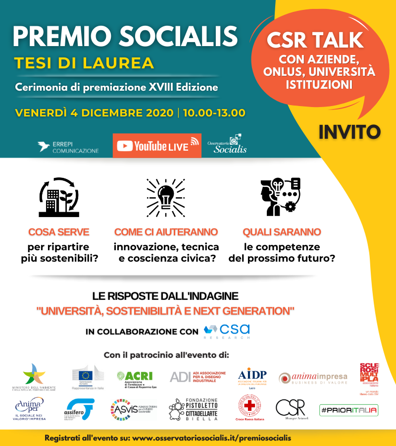 OsservaSocialis's tweet photo. 📌Il #4dicembre in diretta YouTube, dopo la consegna del #PremioSocialis18, la presentazione dell’indagine su #Università, #Sostenibilità e nuove competenze del futuro condotta con @CSAResearchIT, a seguire un #CSRTalk sugli scenari 2025.
📲 Registrati: https://t.co/IyJPpt8ApD https://t.co/1HmowwJTlm