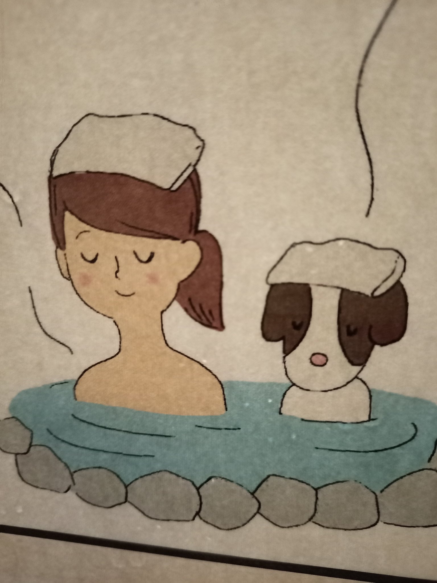 犬さん これは タオルを湯船に入れてはいけません の張り紙で良い例として頭にタオル をのせてる犬のイラストだけど 繰り返しますが犬を温泉に入れてはいけません T Co 0dctnlcui9 Twitter