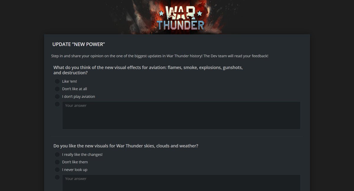 War Thunder Japan 大型アップデート Newpower ニューパワー に関するアンケート実施 公式サイトで質問文と選択肢を日本語案内しています 英語が苦手でも自由記述以外は選択するだけで回答可能です へ直接皆さまから率直なご意見ご感想をお寄せ
