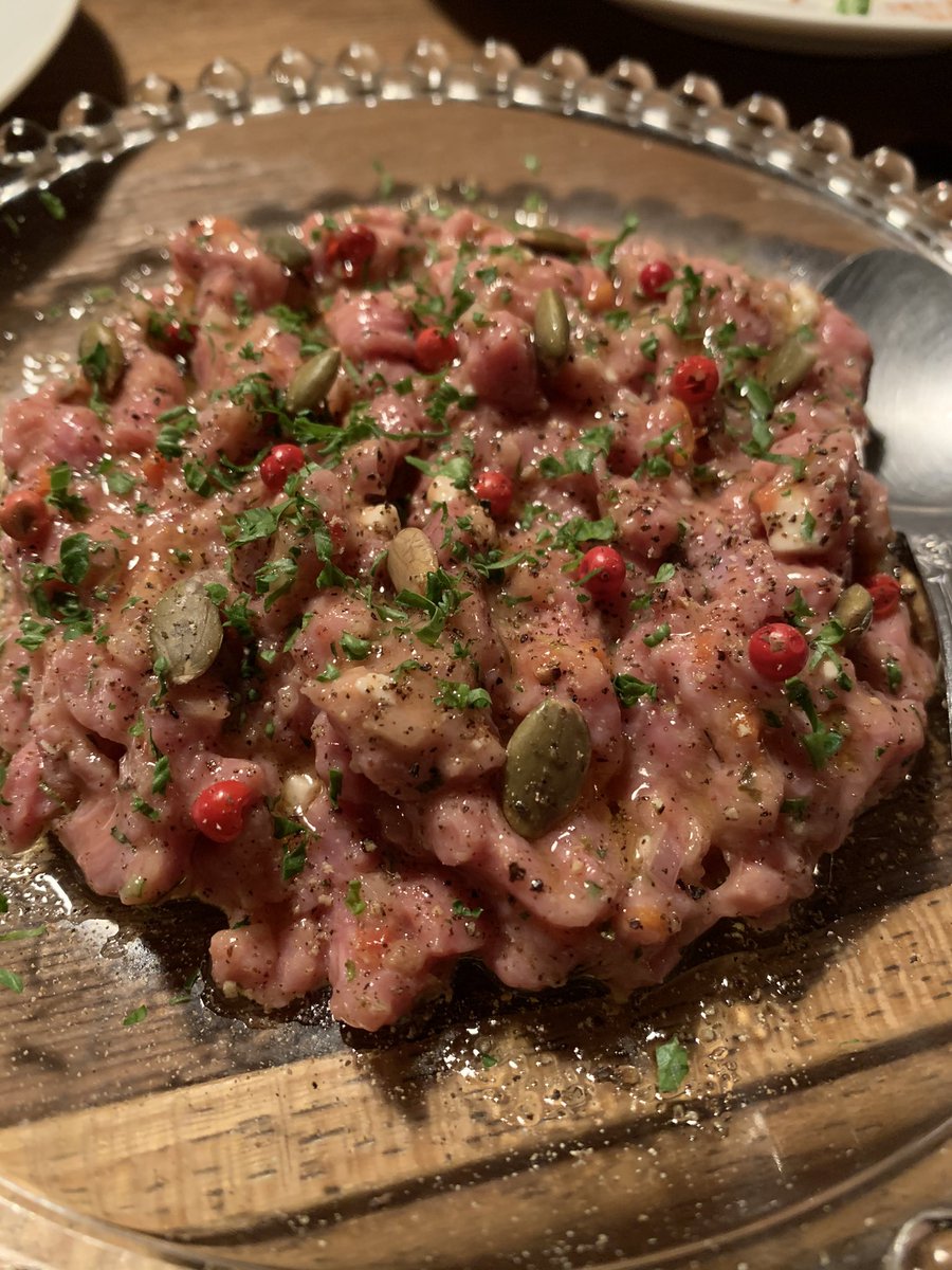 プチデブチャンネル على تويتر 神保町 バルマラケシュ 子羊のモモ肉のタルタル780円は低温調理したやわやわのお肉に様々なスパイスで味付けされた絶品 本日のパスタはこの日はアオサと鯛とアサリのパスタ800円ぐらい レバーパテもポテサラはフルサイズとハーフが