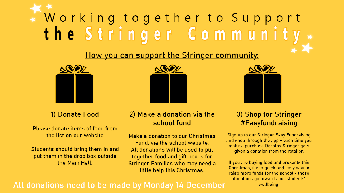 DorothyStringer's tweet photo. Over the coming weeks we will be putting together food parcels and Christmas gift boxes to help our Stinger families. For more information please see the school website. If you wish to make an online donation towards this project please use this link https://t.co/XcF7WJiD2g https://t.co/9DMfRXyGBS