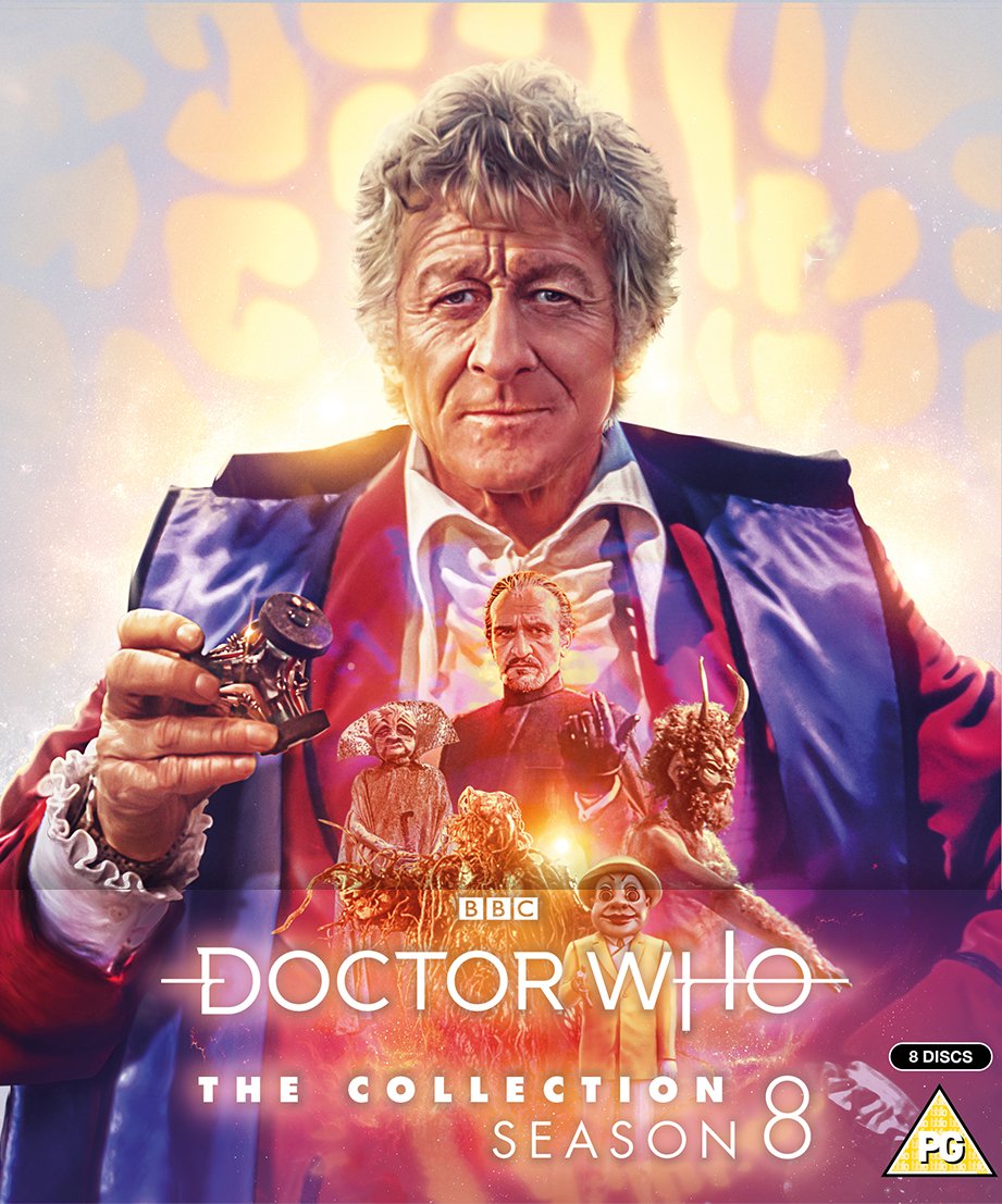 bbcdoctorwho's tweet photo. The Collection: Season 8 contains five classic stories from the Third Doctor's era, plus the introduction of Jo Grant played by @ManningOfficial and the Master, first played by Roger Delgado! https://t.co/EzGr5R6ewi