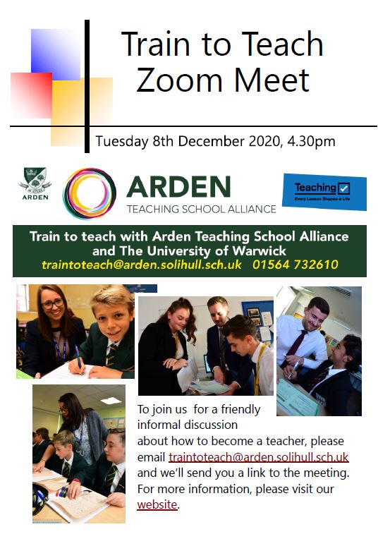ArdenTeaching's tweet photo. We will be joined on 8 Dec by one of our #trainees #studentteachers #ITTs so if you want to ask a student what its like to #traintoteach #schooldirect join us at 4.30pm for the zoom meet. @ParkHallAcademy @lodeheathschool @lighthallschool @AlderbrookSch @HenleySchool https://t.co/xXzkjx5QxZ