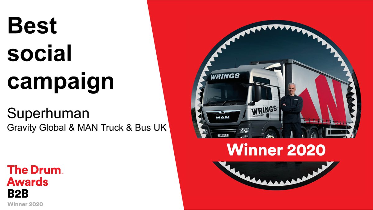 Gravity__Global's tweet photo. The celebrations aren't over! Our @mantruckbusuk #SuperhumanEffort campaign has been awarded Best Social Campaign at the B2B @TheDrumAwards. Proudly presenting MAN's customers keeping Britain moving during the pandemic, we're thrilled to see their essential work recognised. https://t.co/JTHazfEEGG