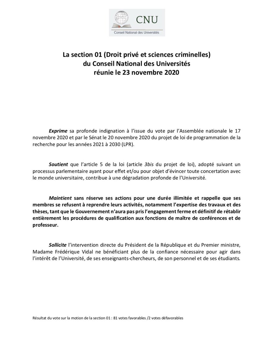 Cnu : motion section droit privé et sciences criminelles. Pour la qualité de l’Université, les procédures de qualification doivent être entièrement rétablies.