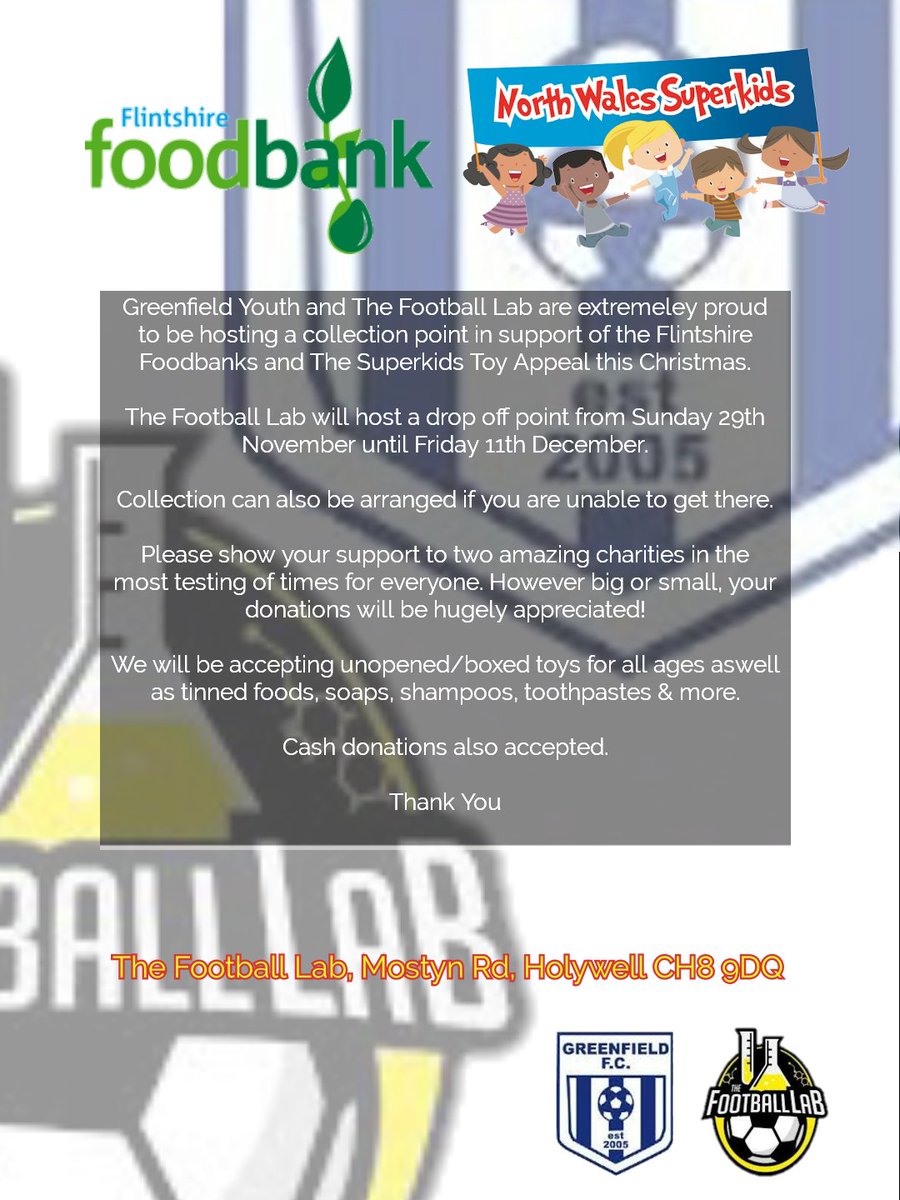 We're proud to be supporting these local charities in these times. All donations are welcome. If collection is required please DM us #foodbank #toyappeal #greenfield <a href="/Football_Lab__/">The Football Lab</a> @GreenfieldFC_U6 <a href="/Greenfieldfc/">Greenfield FC</a> <a href="/FlintshireFoodB/">Flintshire Foodbank</a> #northwales #superkids #collection