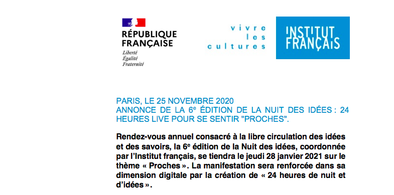 IFParis's tweet photo. 💡La 6e édition de la #NuitDesIdées, coordonnée par @IFParis, se tiendra le jeudi 28 janvier 2021 sur le thème « Proches ». La manifestation sera renforcée dans sa dimension digitale par la création de « 24 heures de nuit et d’idées ». 
-
👉 https://t.co/gF1MBIE3iC https://t.co/jYq5azu96r