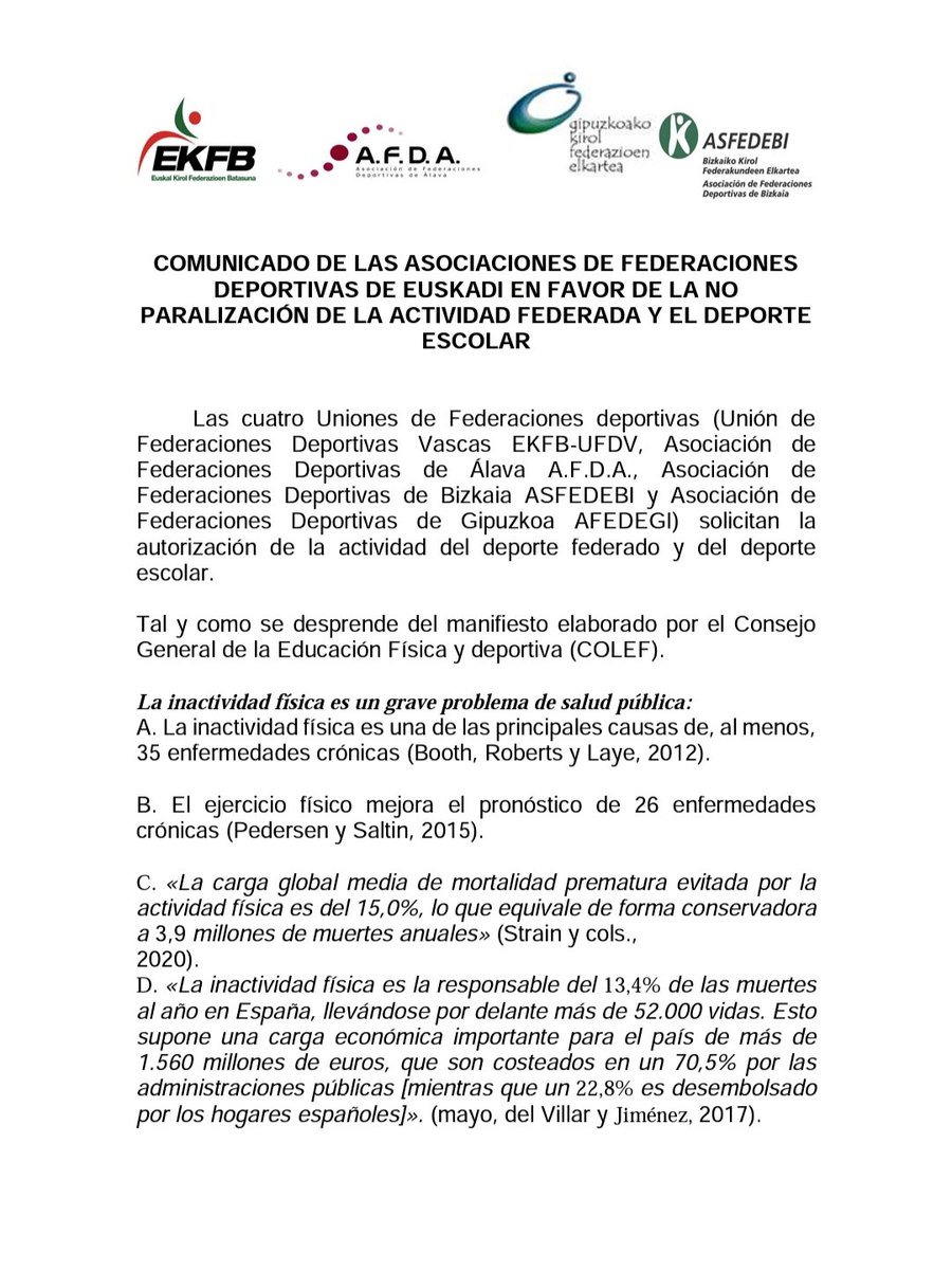 BultzaKirola's tweet photo. KIROL FEDERAZIOEN ELKARTEEN JAKINARAZPENA,JARDUERA FEDERATUA ETA ESKOLA KIROLA EZ  GELDIARAZTEA ESKATZEKO//COMUNICADO DE ASOCIACIONES DE FEDERACIONES DEPORTIVAS A FAVOR DE LA NO PARALIZACIÓN DE LA ACTIVIDAD FEDERADA Y EL DEPORTE ESCOLAR
#apoyodeporeeuskadi
#bultzakirolaeuskadi https://t.co/8b45JxW2DA