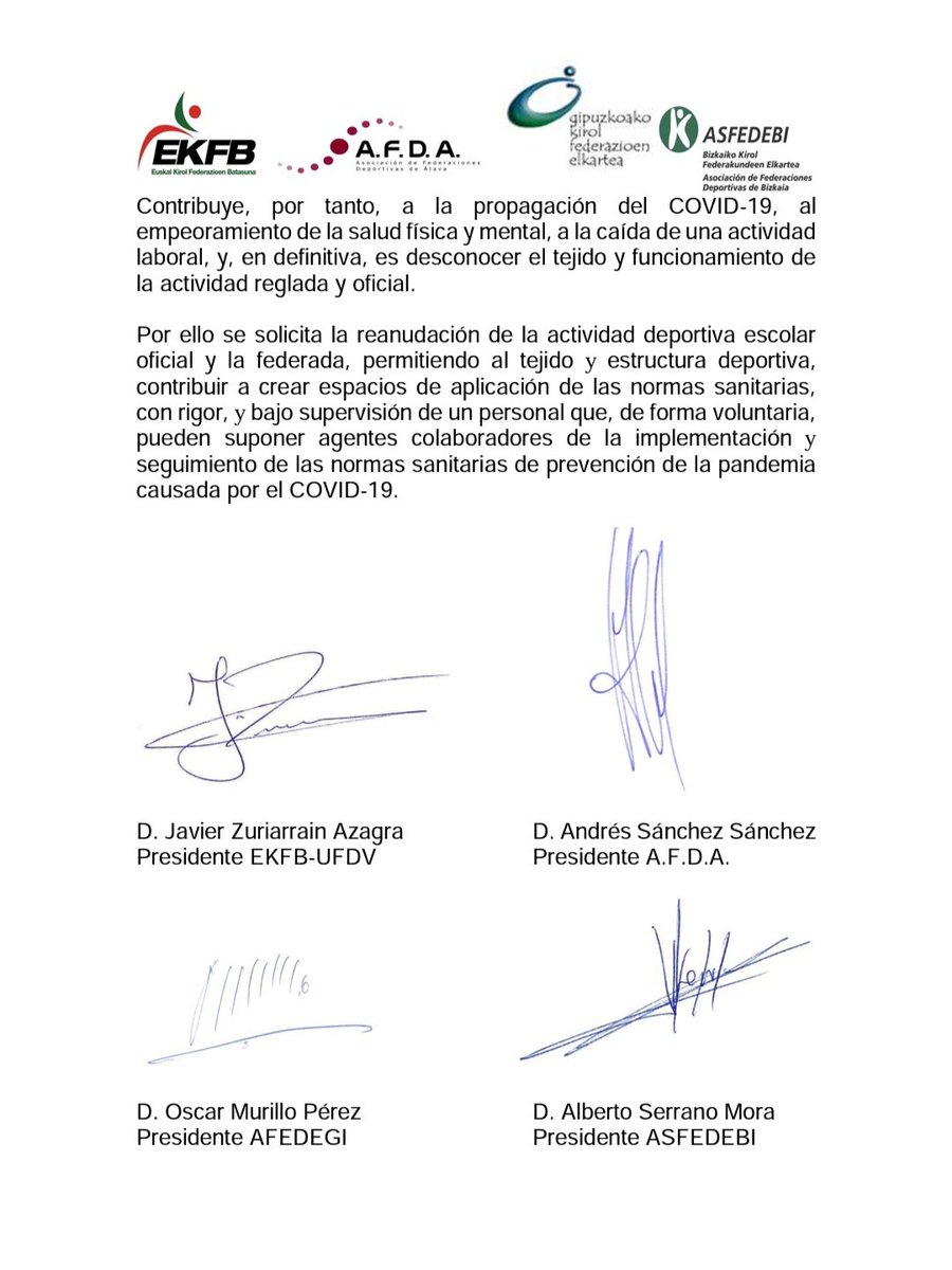 KIROL FEDERAZIOEN ELKARTEEN JAKINARAZPENA,JARDUERA FEDERATUA ETA ESKOLA KIROLA EZ  GELDIARAZTEA ESKATZEKO//COMUNICADO DE ASOCIACIONES DE FEDERACIONES DEPORTIVAS A FAVOR DE LA NO PARALIZACIÓN DE LA ACTIVIDAD FEDERADA Y EL DEPORTE ESCOLAR
#apoyodeporeeuskadi
#bultzakirolaeuskadi