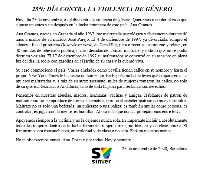sinverlgbti's tweet photo. Avui, #25N, és el dia contra la violència de gènere; volem recordar el cas que va suposar un abans i un després en la lluita d'aquest país contra la violència masclista: l'Ana Orantes.

Et volem dir una cosa, Ana. Tant en català com en castellà.
#NiUnaMenos https://t.co/fIV9GeAu8O