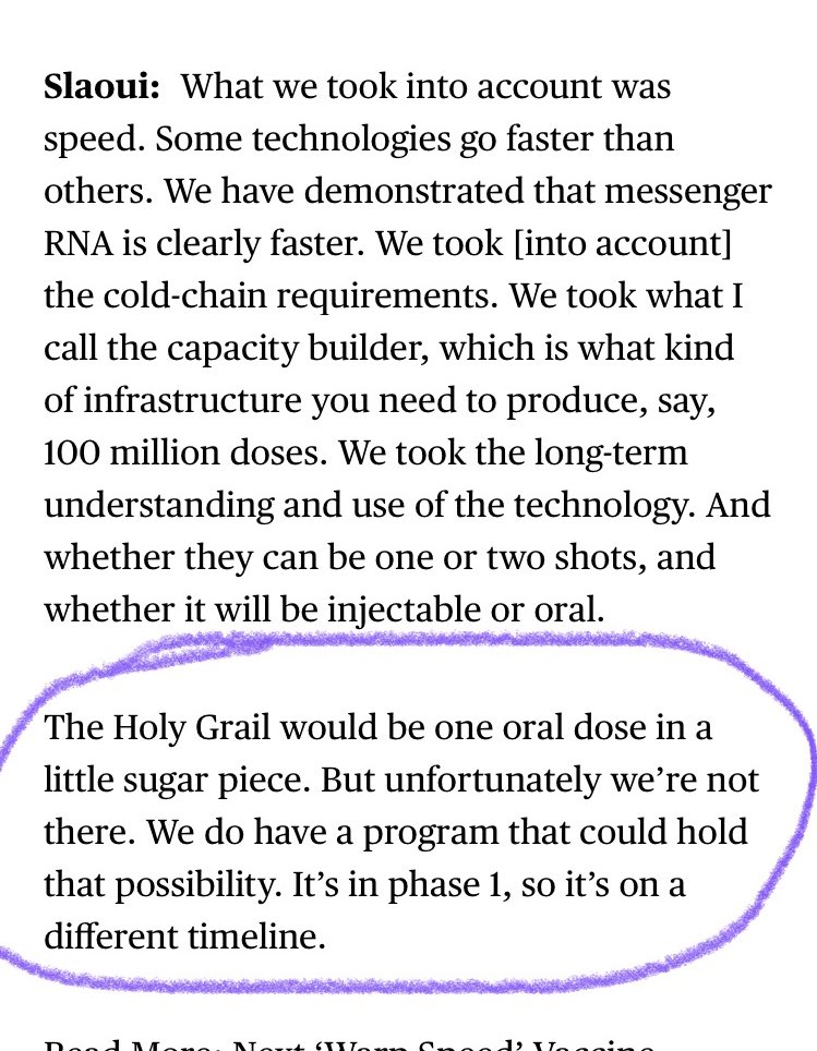 Moncef Slaoui, head of the Operation Warp Speed program, just referred to an oral vaccine as the “holy grail” and then mentioned that they are awaiting Phase 1 results from the  $VXRT oral vaccine study. That study wraps up on Dec 10th, FYI.