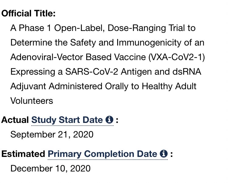 Moncef Slaoui, head of the Operation Warp Speed program, just referred to an oral vaccine as the “holy grail” and then mentioned that they are awaiting Phase 1 results from the  $VXRT oral vaccine study. That study wraps up on Dec 10th, FYI.