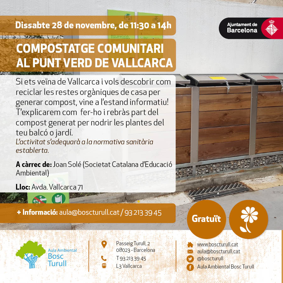 boscturull's tweet photo. 📢 Aquest dissabte ens trobareu al #PuntVerd #Vallcarca explicant el funcionament del #CompostatgeComunitari 🌱
👉A Pça Lesseps i @MercatVallcarca estaran el grup de #MediAmbient Casa d’Oficis @barcelonactiva
Vine, porta residus orgànics i comença a compostar!😉
#compostfest https://t.co/teX5SxwaVk