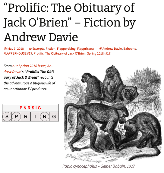 Andrew Davie (@adavieauthor) on Twitter photo Following the code of the film Repo Man, and the Plate-o-shrimp Theory™, a link to my story “Prolific: The Obituary of Jack O’Brien” flapperhouse.com/2018/05/03/pro… in <a href="/FLAPPERHOUSE/">FLAPPERHOUSE</a>
inspired by “Who’s Who in the Cast” by Marshall Brickman. Following the code of the film Repo Man, and the Plate-o-shrimp Theory™, a link to my story “Prolific: The Obituary of Jack O’Brien” flapperhouse.com/2018/05/03/pro… in <a href="/FLAPPERHOUSE/">FLAPPERHOUSE</a>
inspired by “Who’s Who in the Cast” by Marshall Brickman.